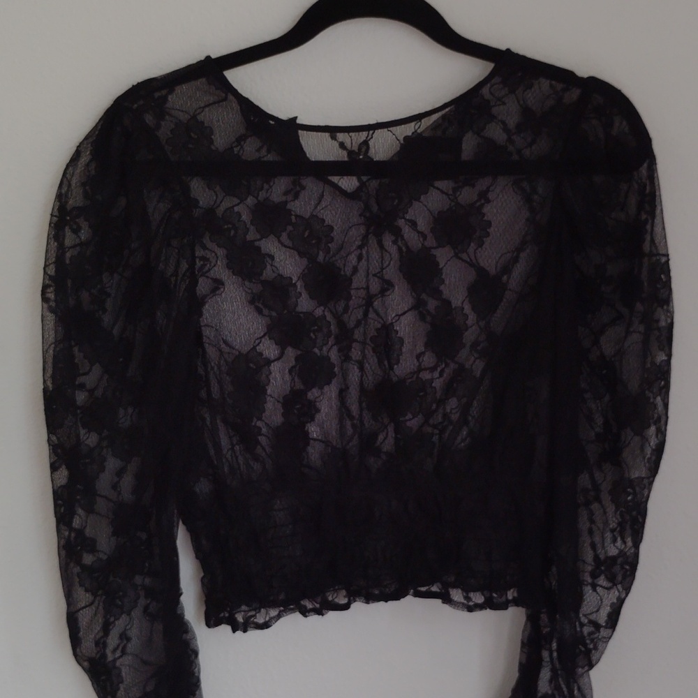H&M Divided Womens Sheer Black Lace Smocked Top Dark Romantic Whimsigoth Sz S